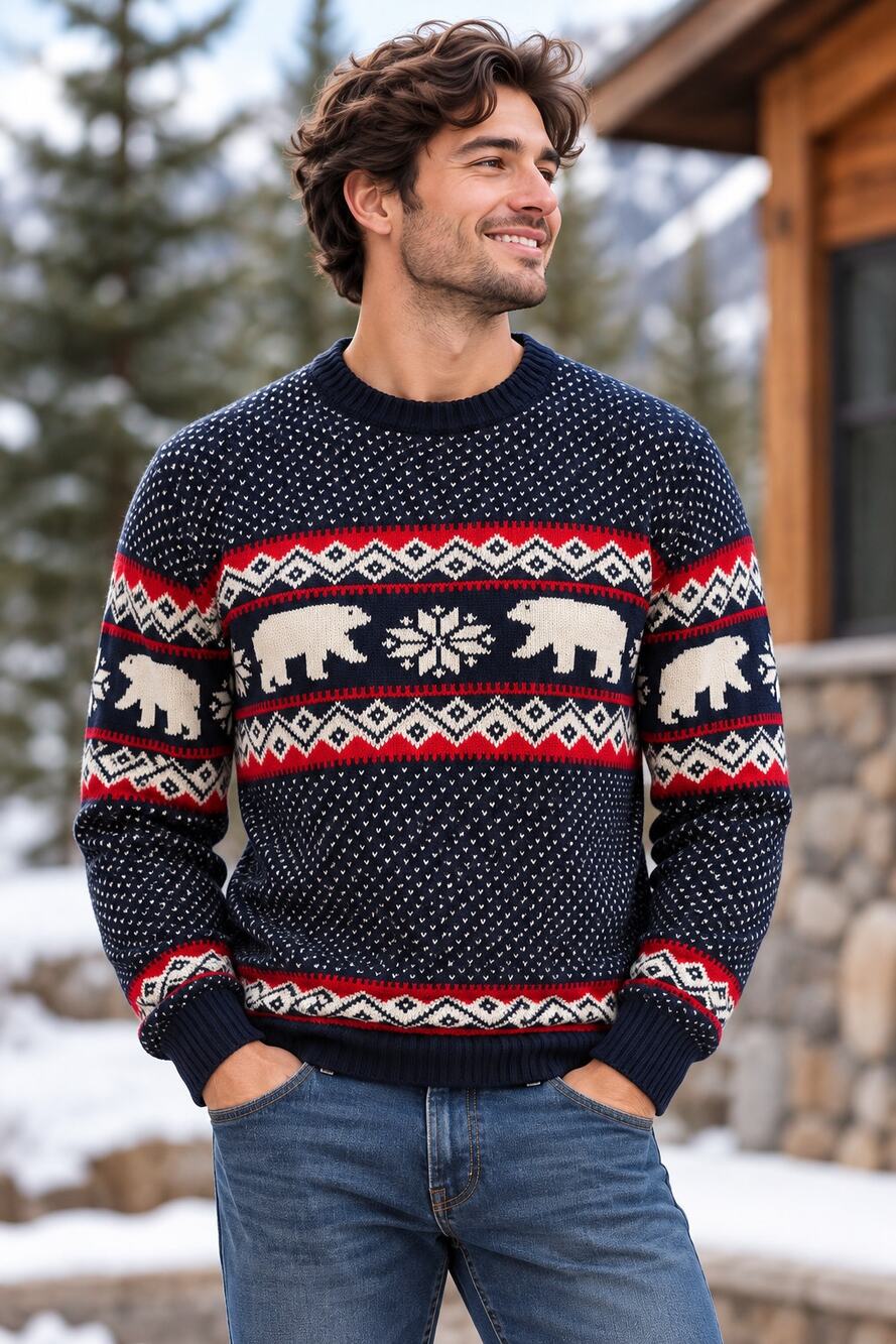 Aspen Men's Small Fair Isle Polar Bear Sweater Navy Blue Nordic Cotton Ski
